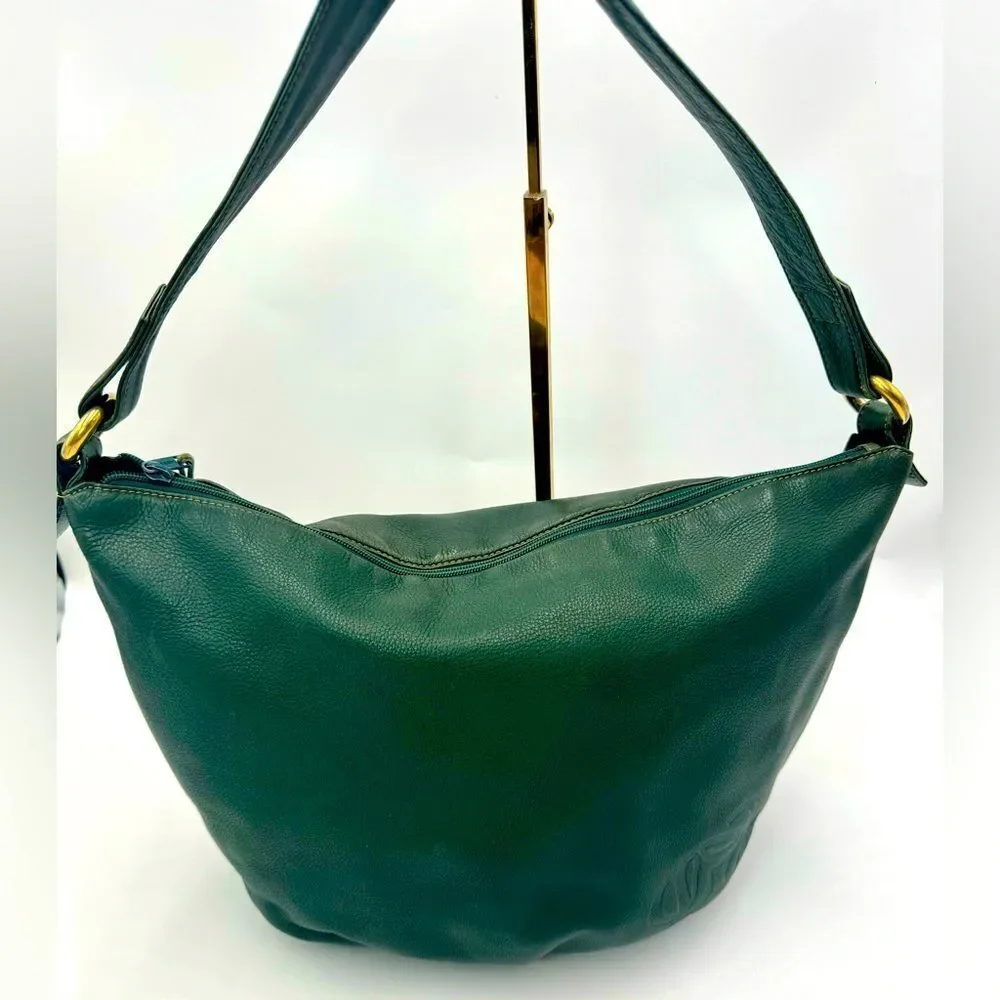 Auth Loewe Green Pebble Grain Leather Anagram Hobo Shoulder Bag Preloved Purse